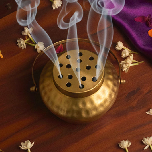Traditional round aluminium loban burner with multiple smoke vents – sambrani & dhoop use