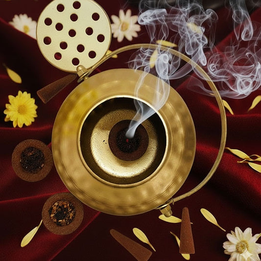 Round gold loban burner ritual combo with premium dhoop cones and natural havan cups – ideal devotional gift for Diwali and housewarming.