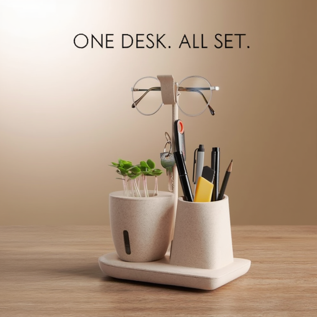 Multifunctional Desk Organizer with Plant Pot, Pen Holder & Stand