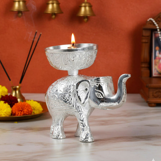 Silver Plated Elephant Diya