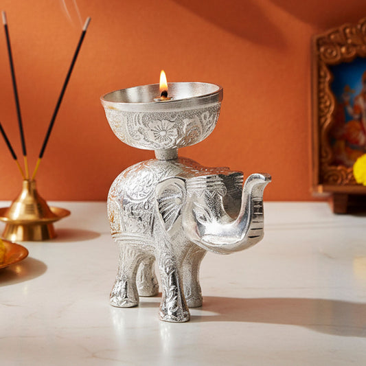 Silver Plated Elephant Diya