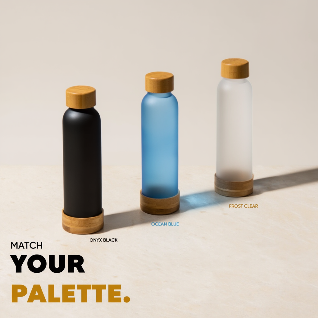 Frosted Glass Bottle with Bamboo Cap & Base | 500ml Eco