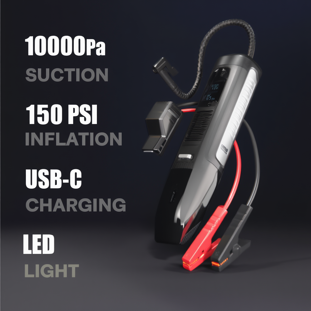 4-in-1 Car Emergency Tool with Vacuum, Tyre Inflator, Jump Starter & Torch