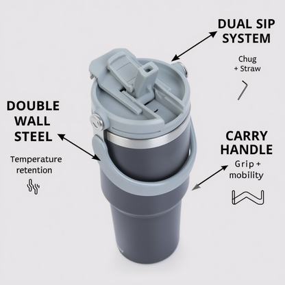 Insulated Stainless Steel Travel Mug with Handle & Dual Sip Lid