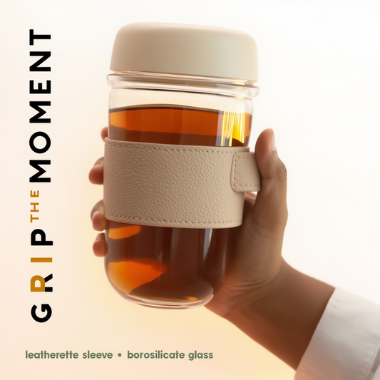 Glass Mug with Dual Sipper Lid & Built-In Phone Stand
