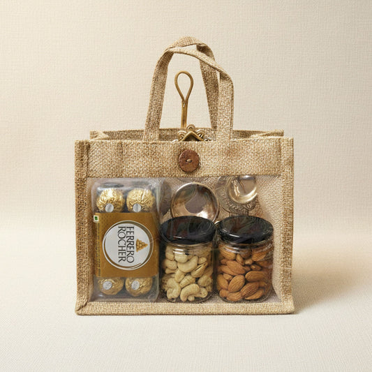 Compact eco-friendly jute gift hamper with premium dry fruits, chocolates, and urli diya.