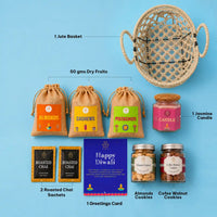 Aangan — Diwali Gift Basket | Handwoven Open Keepsake Basket with 150g Dry Fruits, Almond & Coffee Walnut Cookies, Jasmine Candle & Roasted Chai