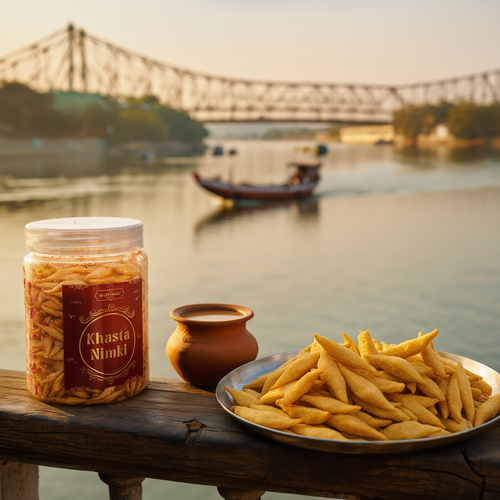 Khasta Nimki — flaky savoury Bengali snack in a glass jar