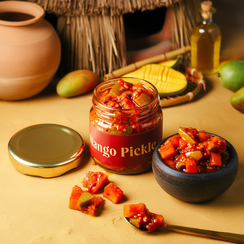 Mango Pickle Aam Achar — sun-cured Bengali mango pickle in a glass jar