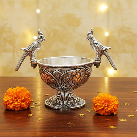 German Silver Parrot Bowl handcrafted decorative gift with twin parrots – front view