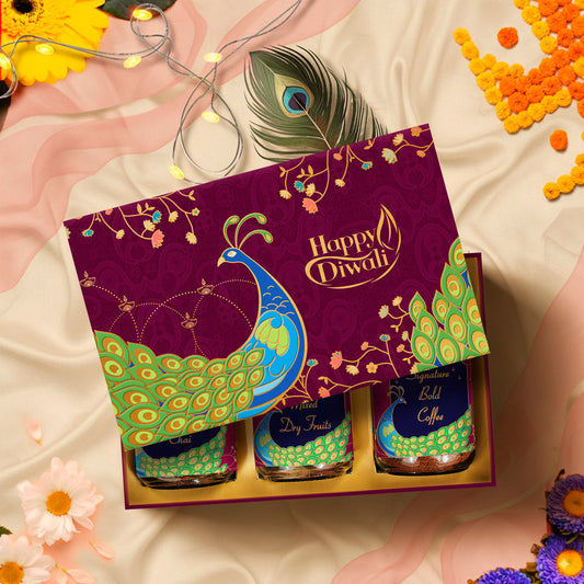 Peacock Diwali Box closed with vibrant peacock-themed design, gold foil accents, and cultural heritage-inspired packaging – premium festive gift for Diwali