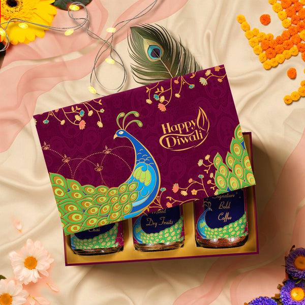 Peacock Diwali Box closed with vibrant peacock-themed design, gold foil accents, and cultural heritage-inspired packaging – premium festive gift for Diwali