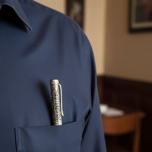 Handcrafted German Silver pen styled in shirt pocket – a symbol of class.