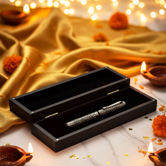 Authentic German Silver handcrafted pen in luxury case with intricate detailing.