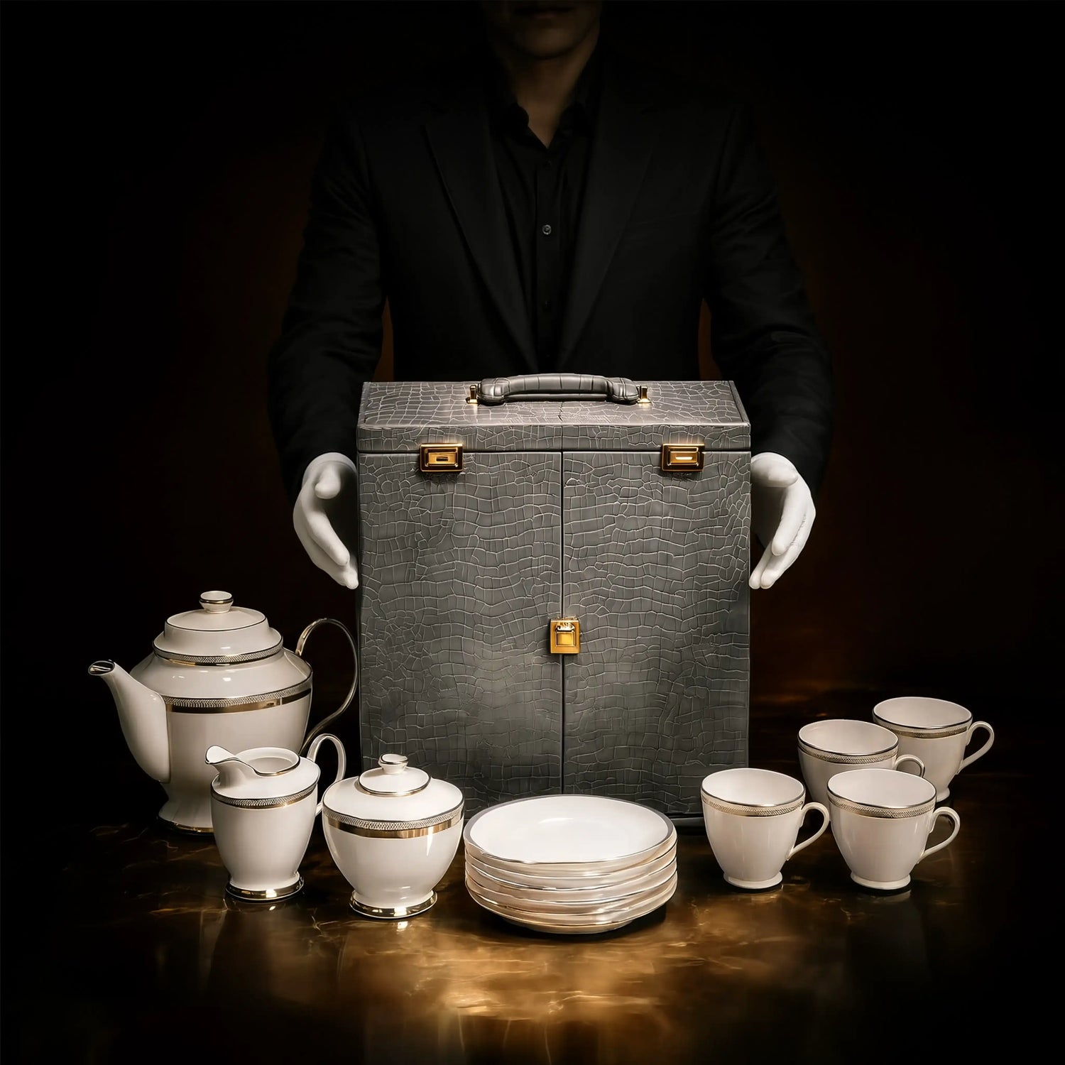 Person in a blazer standing behind the Royal Majesty silver-plated tea set trunk — premium gift beyond ordinary
