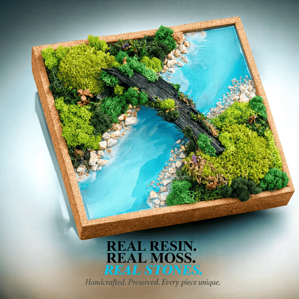Preserved Botanical Wall Art — Turquoise Resin River, Real Moss, Driftwood Bridge | 12" Cork Frame | Handcrafted