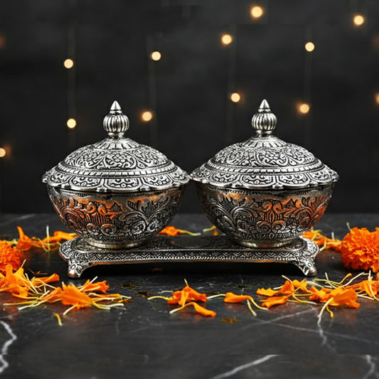 Handcrafted German Silver Dual Bowl Set on Base – Traditional Festive Serveware
