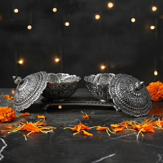 German Silver Dual Serving Bowl with Ornate Lids – Luxury Festive Gift