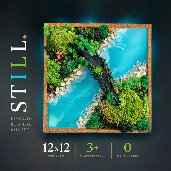 Preserved Botanical Wall Art — Turquoise Resin River, Real Moss, Driftwood Bridge | 12" Cork Frame | Handcrafted