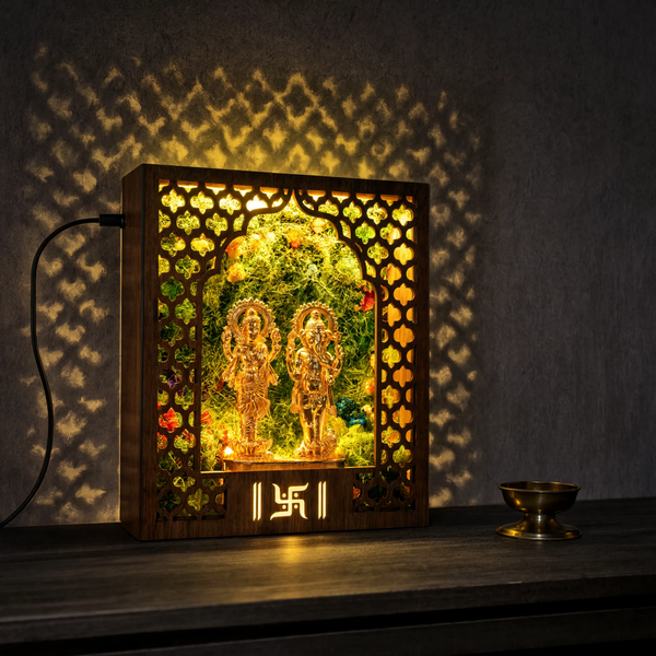 Shubh Aarambh Lit Laxmi Ganesh Mandir Frame — Preserved Moss Wall Shrine, 8"