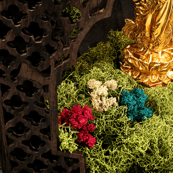 Shubh Aarambh Lit Laxmi Ganesh Mandir Frame — Preserved Moss Wall Shrine, 8"