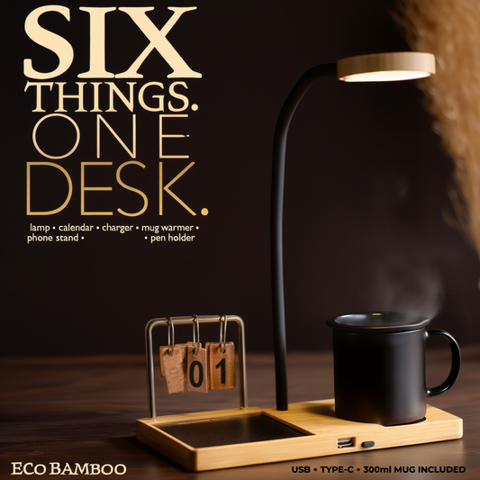 6-in-1 Bamboo Desk Utility with Mug Warmer & Coaster