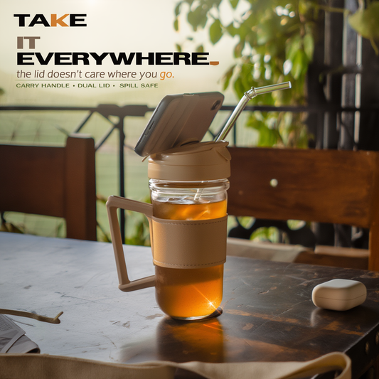 Glass Mug with Dual Sipper Lid & Built-In Phone Stand