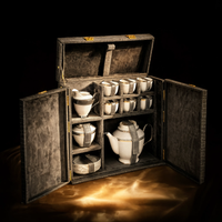 Royal Majesty tea set open — 16-piece service of 6 cups, 6 plates, kettle, milk pot and sugar pot held in velvet-lined trunk compartments