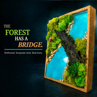 Preserved Botanical Wall Art — Turquoise Resin River, Real Moss, Driftwood Bridge | 12" Cork Frame | Handcrafted