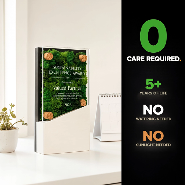 Preserved Botanical Award Plaque — Real Moss, Custom Engraved Acrylic Cover