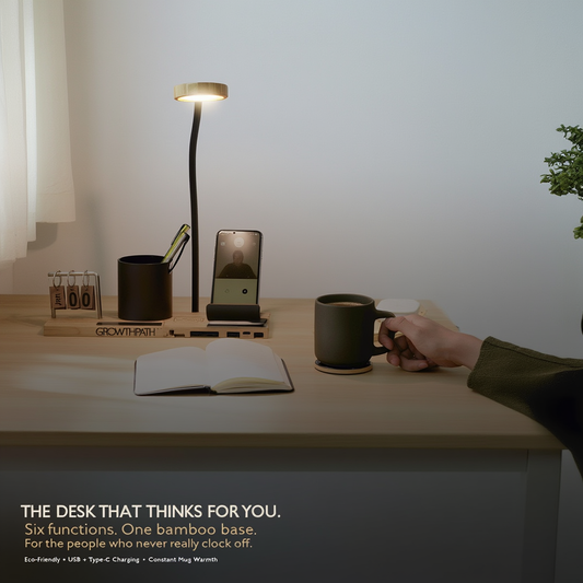 6-in-1 Bamboo Desk Utility with Mug Warmer & Coaster