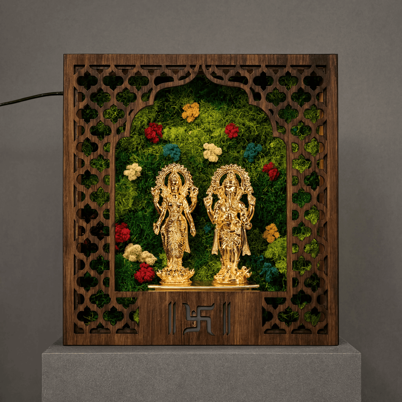 Shubh Aarambh Lit Laxmi Ganesh Mandir Frame — Preserved Moss Wall Shrine, 8"