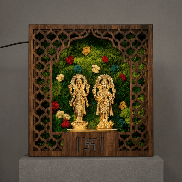 Shubh Aarambh Lit Laxmi Ganesh Mandir Frame — Preserved Moss Wall Shrine, 8"