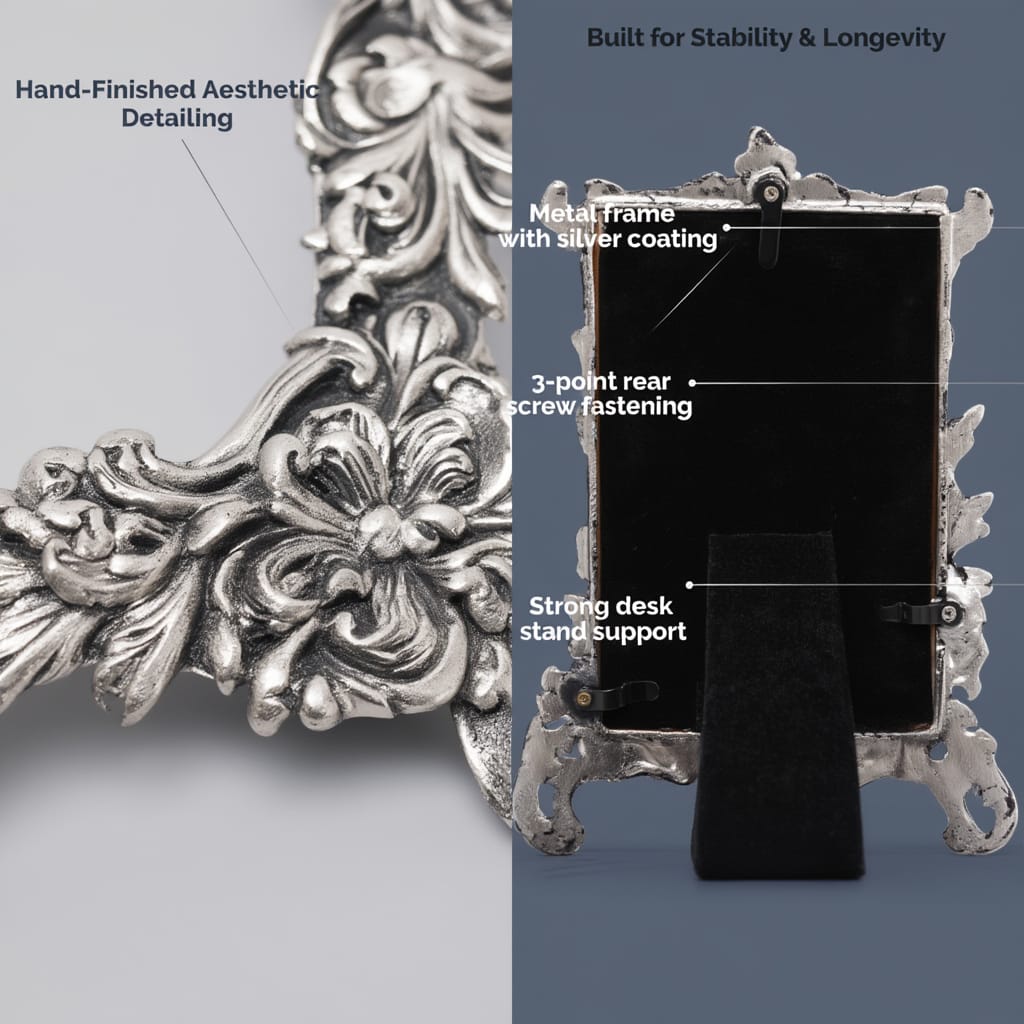 Silver-Tone Metal Photo Frame with Black Velvet Back – Premium Desk Frame