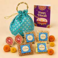 Shagun — Diwali Potli Gift Hamper | Almonds, Cashews, Pista, Chocolates & 2 Hand-Painted Diyas