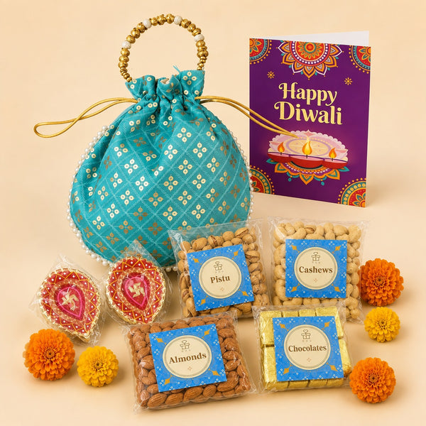 Shagun — Diwali Potli Gift Hamper | Almonds, Cashews, Pista, Chocolates & 2 Hand-Painted Diyas