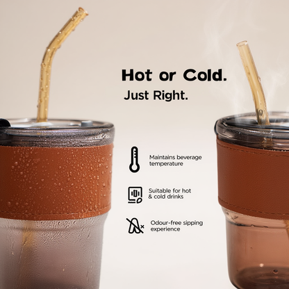 Leatherite-Wrapped Glass Tumbler with Sealed Straw Lid