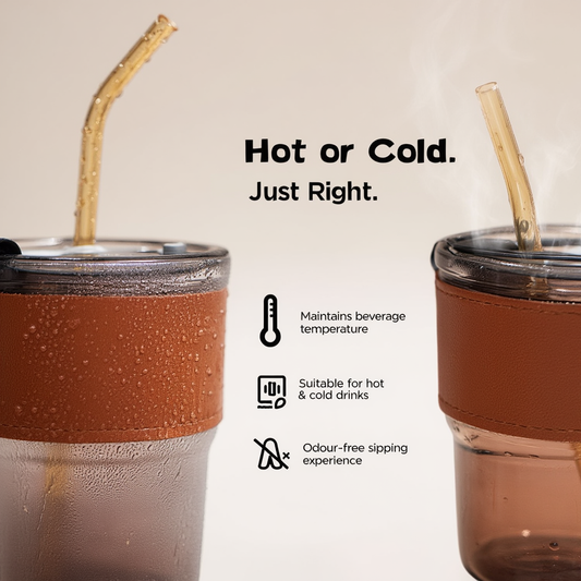 Leatherite-Wrapped Glass Tumbler with Sealed Straw Lid