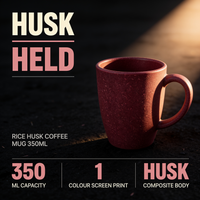 Rice husk coffee mug on a dark ground with the words HUSK and HELD set vertically alongside
