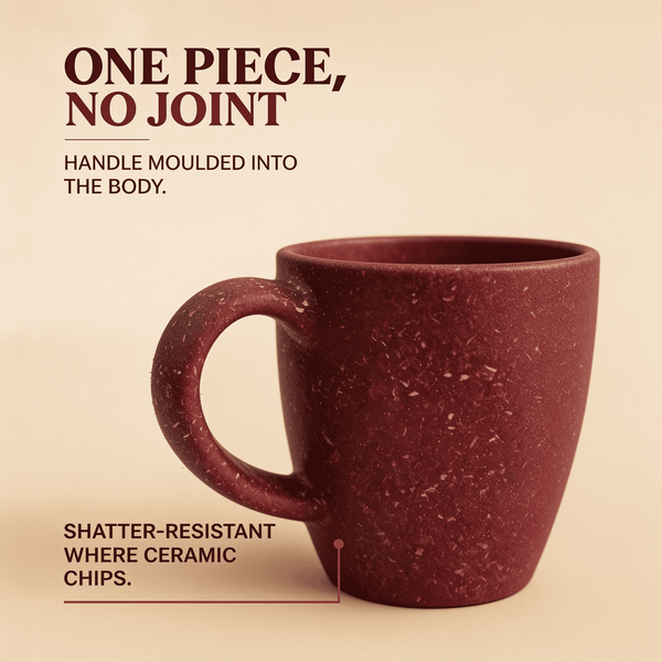 The moulded handle of the rice husk mug where it meets the body in one continuous piece