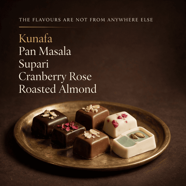 Kunafa, pan masala, supari, cranberry rose and roasted almond chocolates on a brass plate