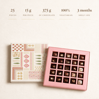Chocolate gift box specifications: 25 pieces, 15 g each, 375 g of chocolate, 100 percent vegetarian, 3 month shelf life
