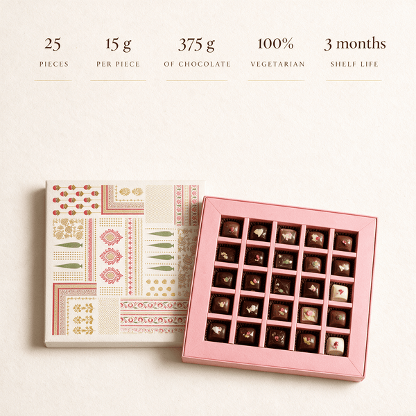 Chocolate gift box specifications: 25 pieces, 15 g each, 375 g of chocolate, 100 percent vegetarian, 3 month shelf life