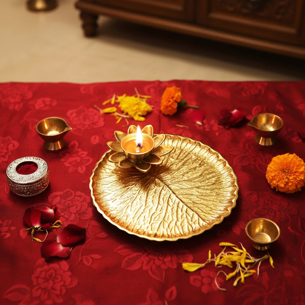 Gold-Tinted Puja Thali with Lotus T-Light Holder