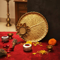 Gold-Tinted Puja Thali with Lotus T-Light Holder