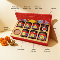Labelled contents of the Subh Deepavali hamper: Maharaja Masala Chai, Kashmiri Kahwa Chai, Signature Bold Coffee, Chocolates, Diwali Nut Mix, Mouth Freshener, Ghee, Scented Candle and 1 gift box