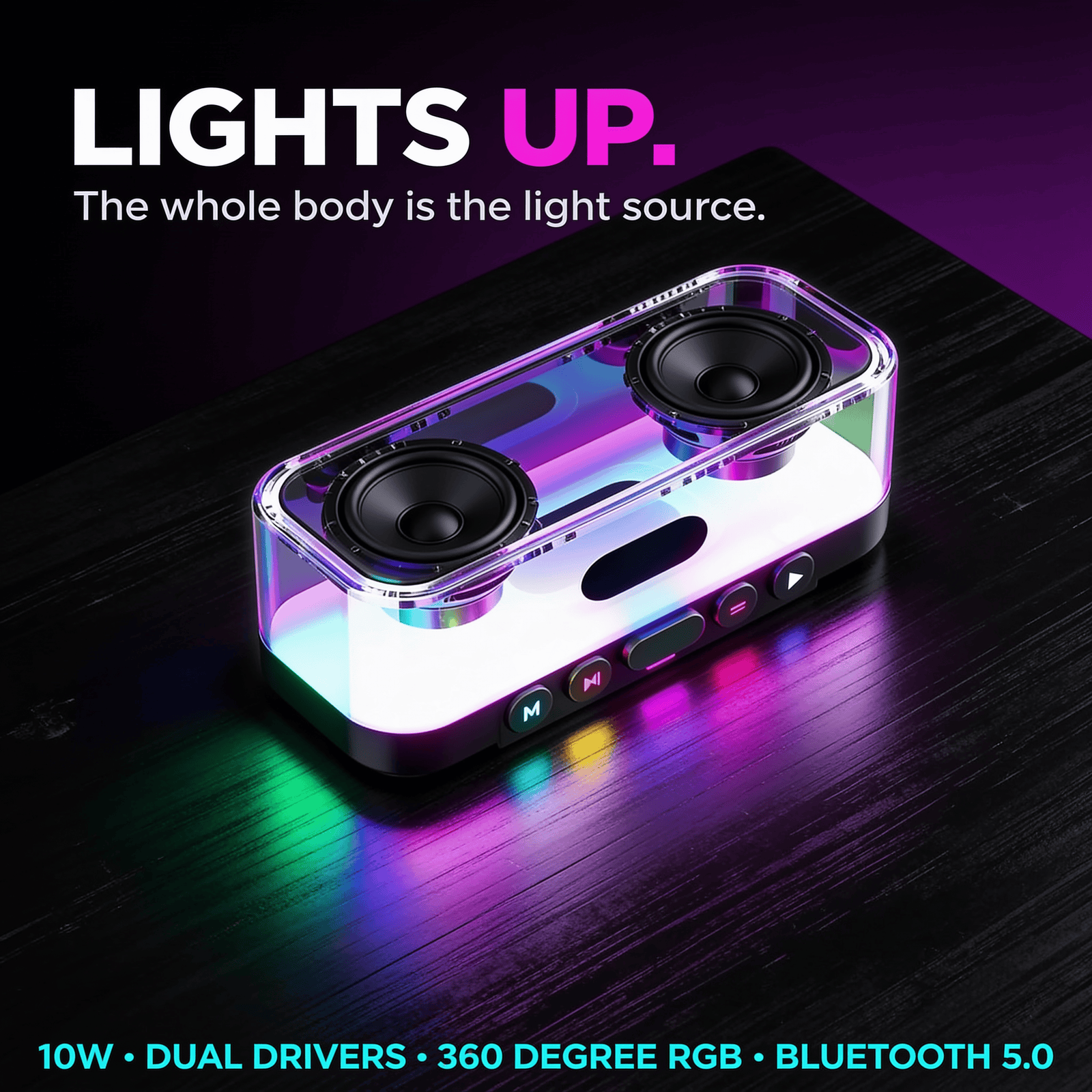 Transparent RGB Bluetooth Speaker - 10W Dual Driver, TWS Pairing, FM & SD Card | Corporate Gifting