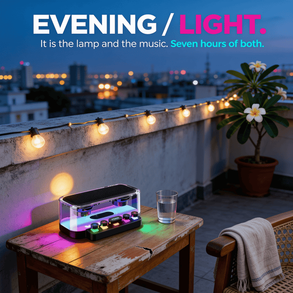 Transparent RGB Bluetooth speaker lit on a terrace table at dusk beside a glass of water, working as both a lamp and a speaker