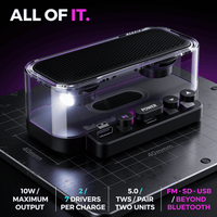 Specification view of the transparent Bluetooth speaker: 10W maximum output, two drivers, 7 hours per charge, Bluetooth 5.0, TWS pairing, FM radio, SD card and USB