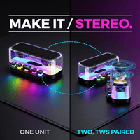 TWS stereo pairing on the transparent Bluetooth speaker, linking two units for synchronised left and right playback across a room